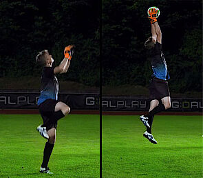 - Mit ballnahem Fuß abspringen
- Hände gehen zum Ball
- Ball fangen